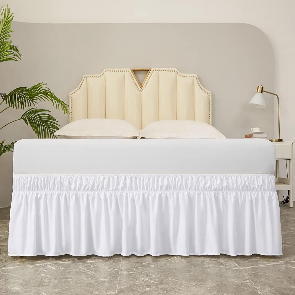 MEILA Wrap Around Bed Skirt Three Fabric Sides Elastic Dust Ruffled 16 Inch Tailored Drop,Easy to Install Fade Resistant-White, Twin/Full