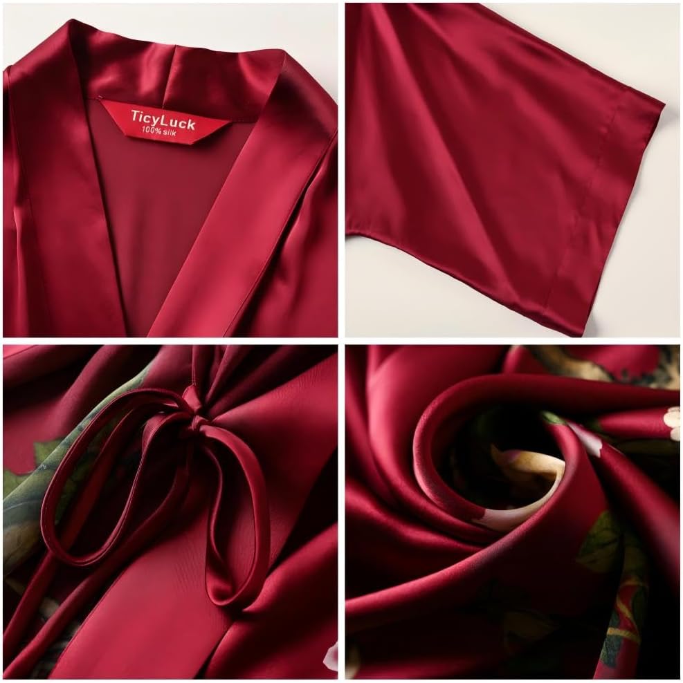 Women's Silk Kimono Robe Long Bathrobe Nightgown 100% Mulberry Silk for Women - Classic Floral Pattern