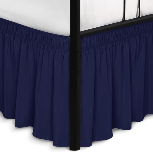 Biscaynebay Wrap Around Bed Skirts with Split Corners for King Beds 17" Drop, Navy Elastic Dust Ruffles Easy Fit Wrinkle & Fade Resistant Silky Luxurious Fabric Solid Machine Washable
