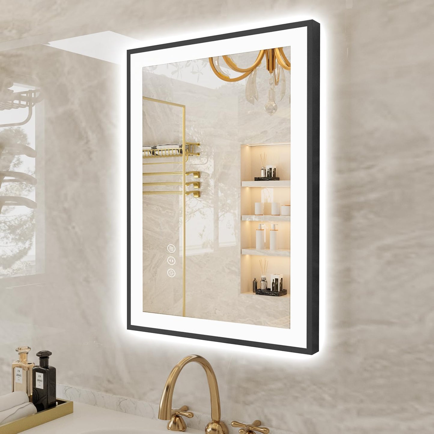 20x28 LED Bathroom Mirrors for Wall -Black Aluminum Framed (Front and Backlit), Anti-Fog Vanity Mirror With Lights,Stepless Dimmable Lighted Mirror,3 Colors Smart Mirror(Horizontal/Vertical)