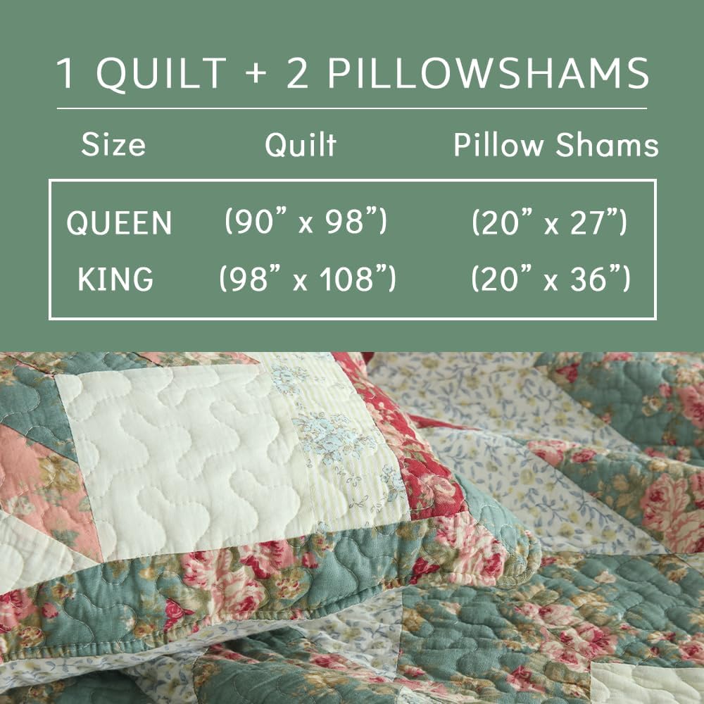 Cotton Bedspread Quilt Bedding Sets, 3 Pieces Reversible Coverlets Comforters Star with Red Floral Real Patchwork Bedspread,Queen Size