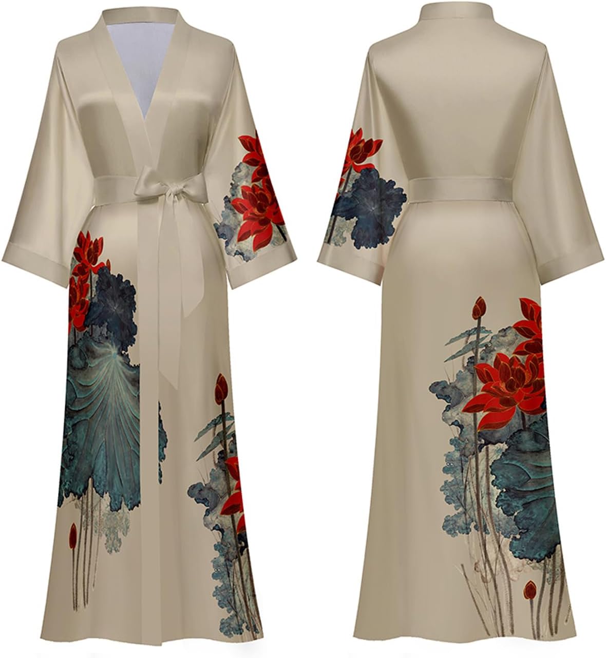Silk Satin Robe for Women Long Japanese Kimono Robe Lightweight Soft Bathrobe Floral Luxury Dressing Gown