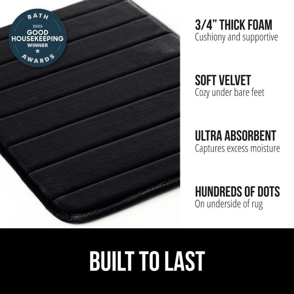 GORILLA GRIP Memory Foam Bath Mat, Soft Absorbent US Designed Bathroom Rug, Gripping Dots Machine Washable Bathmat, Cushioned Floor Mats, Shower Sink Rugs Room Décor Accessories, 30x20 Black