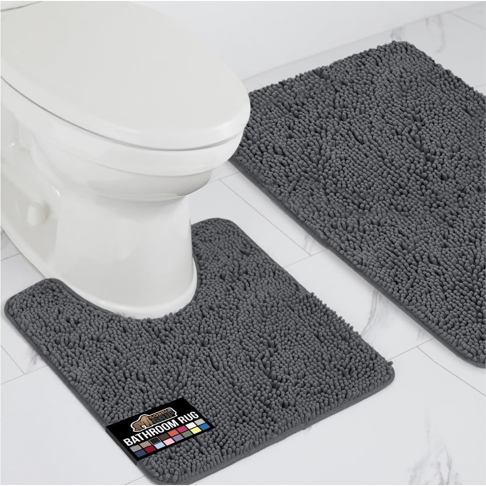 GORILLA GRIP Bathroom Rug Sets, Soft Chenille 2 Piece Area Rugs Set, Toilet Base Mat and 30x20 Carpet, Absorbent Microfiber Washable Mats Dry Quickly, Home Décor and Bath Room Accessories, Charcoal