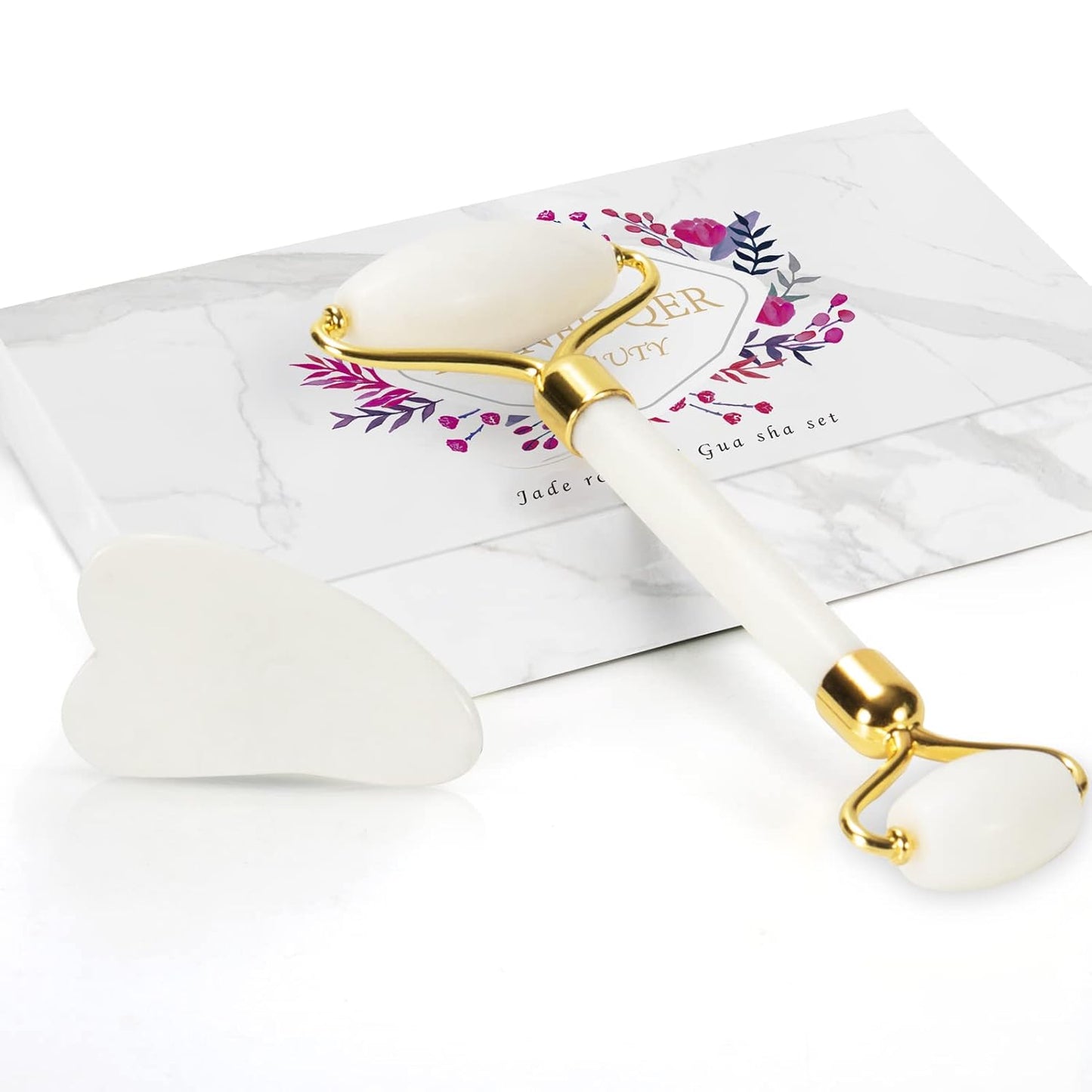 Jade Roller & Gua Sha Set - Facial Skin Care Set, Facial Beauty Tools, Natural Beauty Skin Care Tools, Face Roller Massager for Face, Neck, and Eye Treatment，Gua Sha Facial Massager (White)