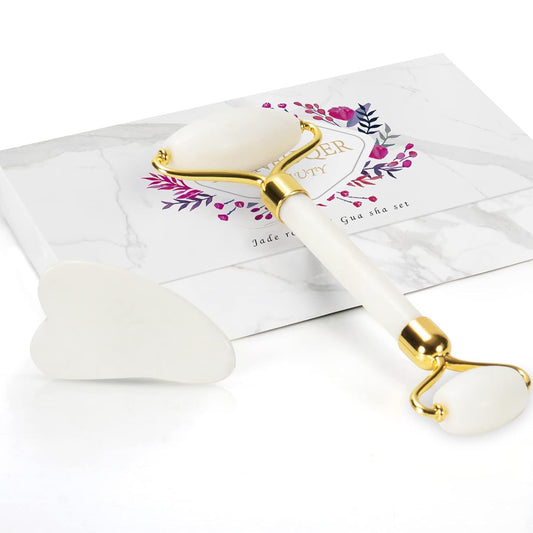 Jade Roller & Gua Sha Set - Facial Skin Care Set, Facial Beauty Tools, Natural Beauty Skin Care Tools, Face Roller Massager for Face, Neck, and Eye Treatment，Gua Sha Facial Massager (White)