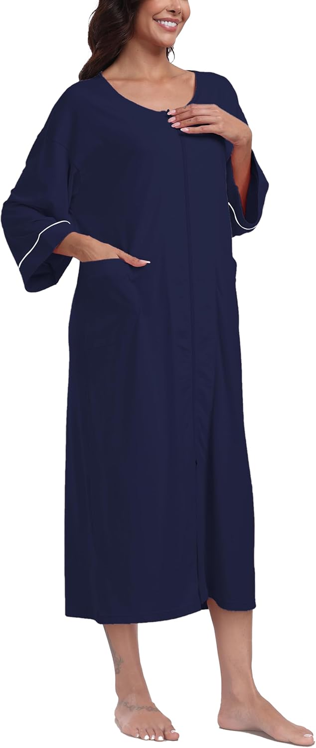 ANLIQI Women's 100% Cotton Robes Long Zipper Front House coats 3/4 Sleeve Bathrobes Lightweight Full Length Robe with Pockets