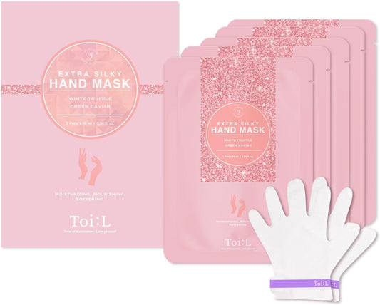 Extra Silky Hand Mask 5 Pairs, Korean Moisturizing Gloves for Dry Hands with White Truffle, Green Caviar & Peptides, Repairing Hand Care Treatment for Aging, Cracked, and Dry Skin, Stocking Stuffer