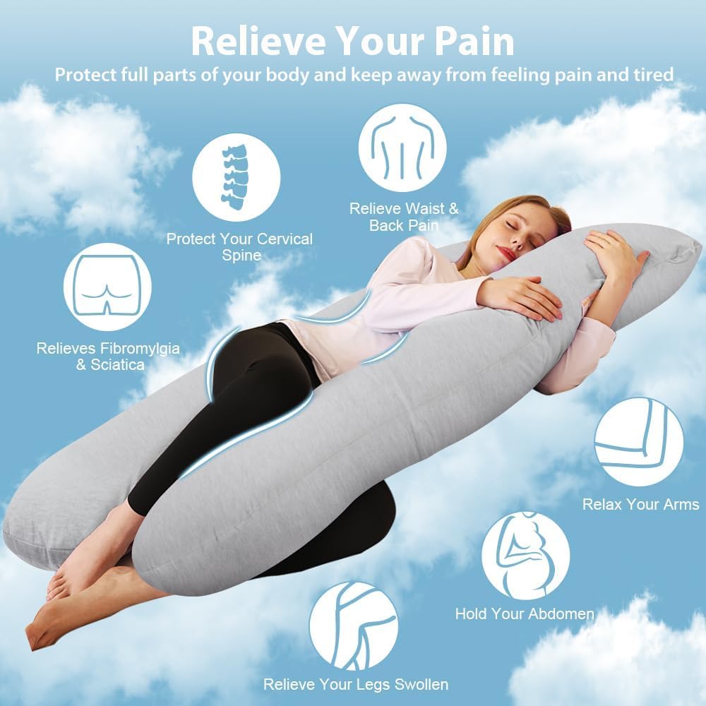 Chilling Home Pregnancy Pillow, 55in Pregnancy Pillows for Sleeping, U Shape Body Pillows for Adults, Maternity Pillow for Pregnant Women, with Grey Jersey Cotton Removable Cover