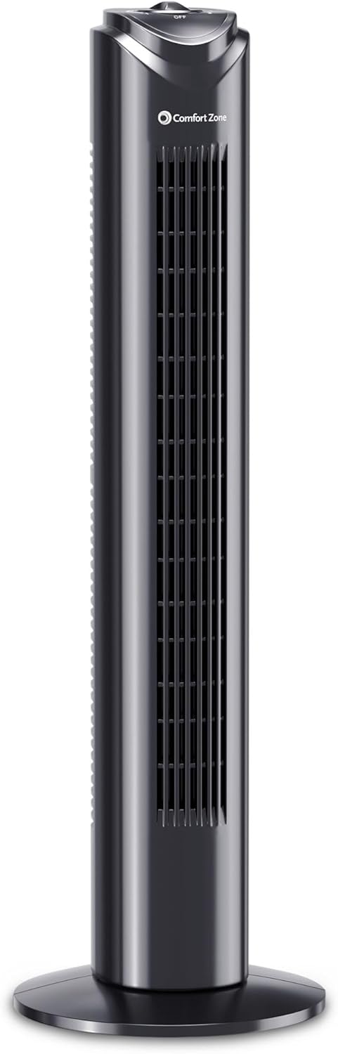 Comfort Zone Tower Fan for Bedroom, 32 inch, 3 Speeds, 90 Oscillation, Bladeless Indoor Fan, Built in Carry Handle, Portable Stand Fan, Black