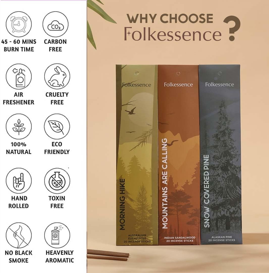 Folkulture Incense Sticks | Set of 6 (120) Insence-Sticks with 45 Mins Burn Time | Non Toxic Sandalwood, Eucalyptus, Cedar, Palo Santo | Organic White Sage Inscents