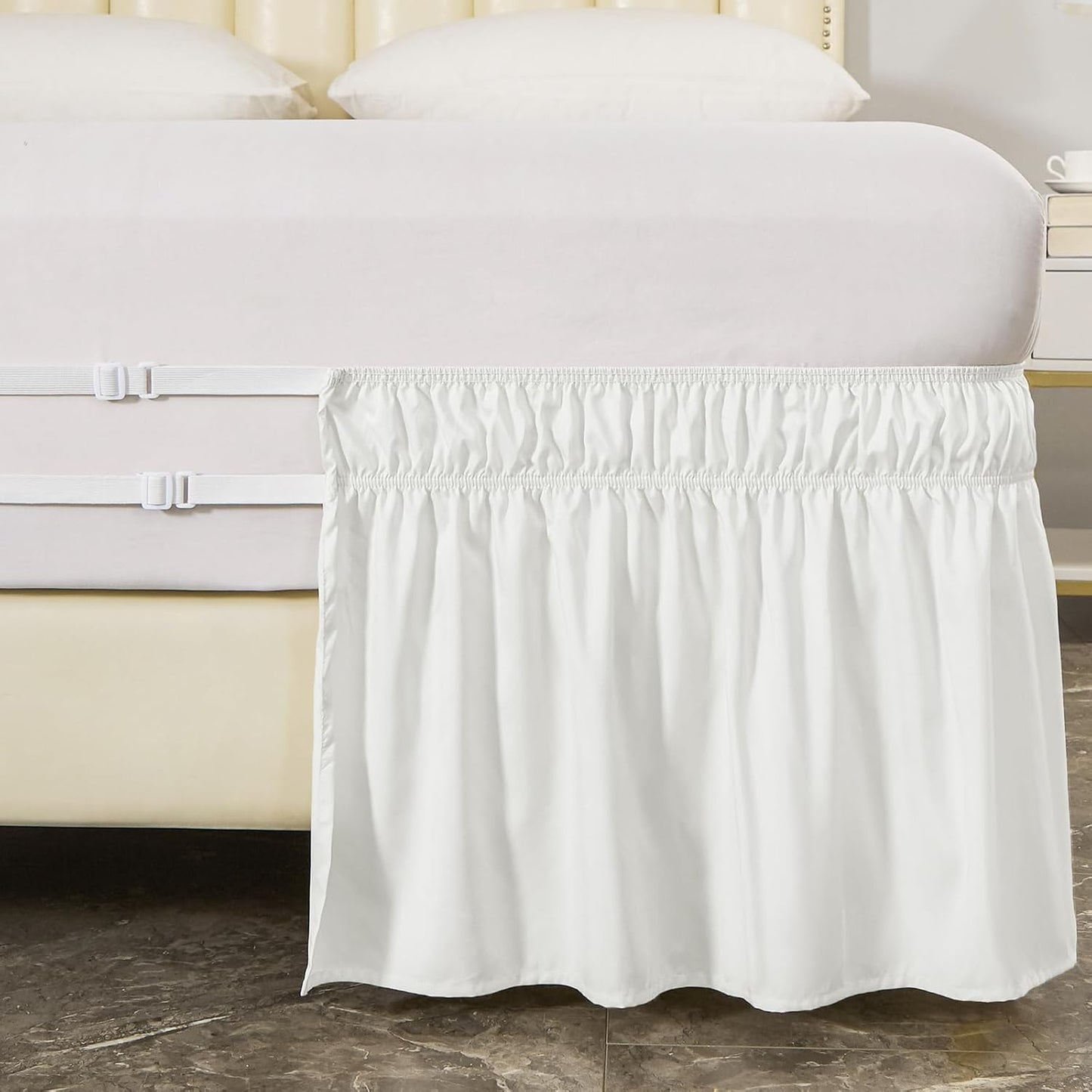 MEILA Wrap Around Bed Skirt Three Fabric Sides Elastic Dust Ruffled 14 Inch Tailored Drop,Easy to Install Fade Resistant-Natural White, Queen/King