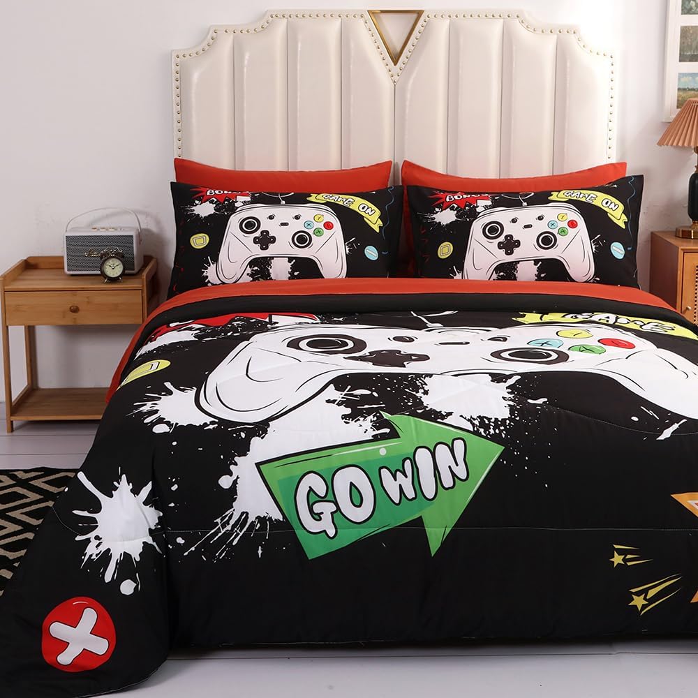 Wajade Kids Game Comforter Set Bed in A Bag Full Size 7 Piece 3D Colorful Video Game Controller Bedding Set for Boys Girls (1 Comforter, 1 Flat Sheet, 1 Fitted Sheet, 2 Pillowcase and 2 Pillow Sham)