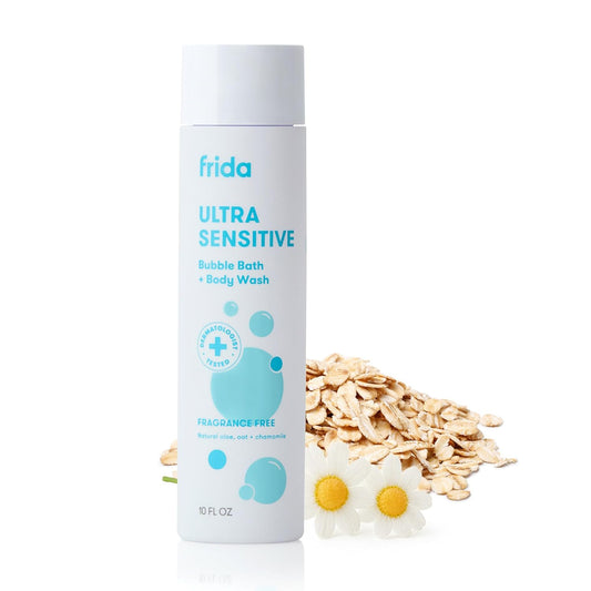 Frida Baby Unscented Fragrance-Free Bubble Bath + Body Wash, Oat & Chamomile Toddler & Baby Body Wash for Sensitive Skin, Dermatologist Tested, Tear-Free, Hypoallergenic, Safe for Skin, 10oz