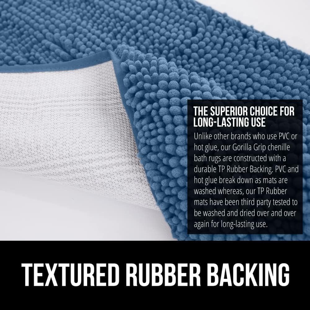 GORILLA GRIP Bath Rug Mat 30x20, Thick Soft Absorbent Chenille, Quick Dry Microfiber Mats, Rubber Backing Washable Shower Floor Rugs, Bathmat Runner, US Designed Bathroom Home Decor Accessories Blue