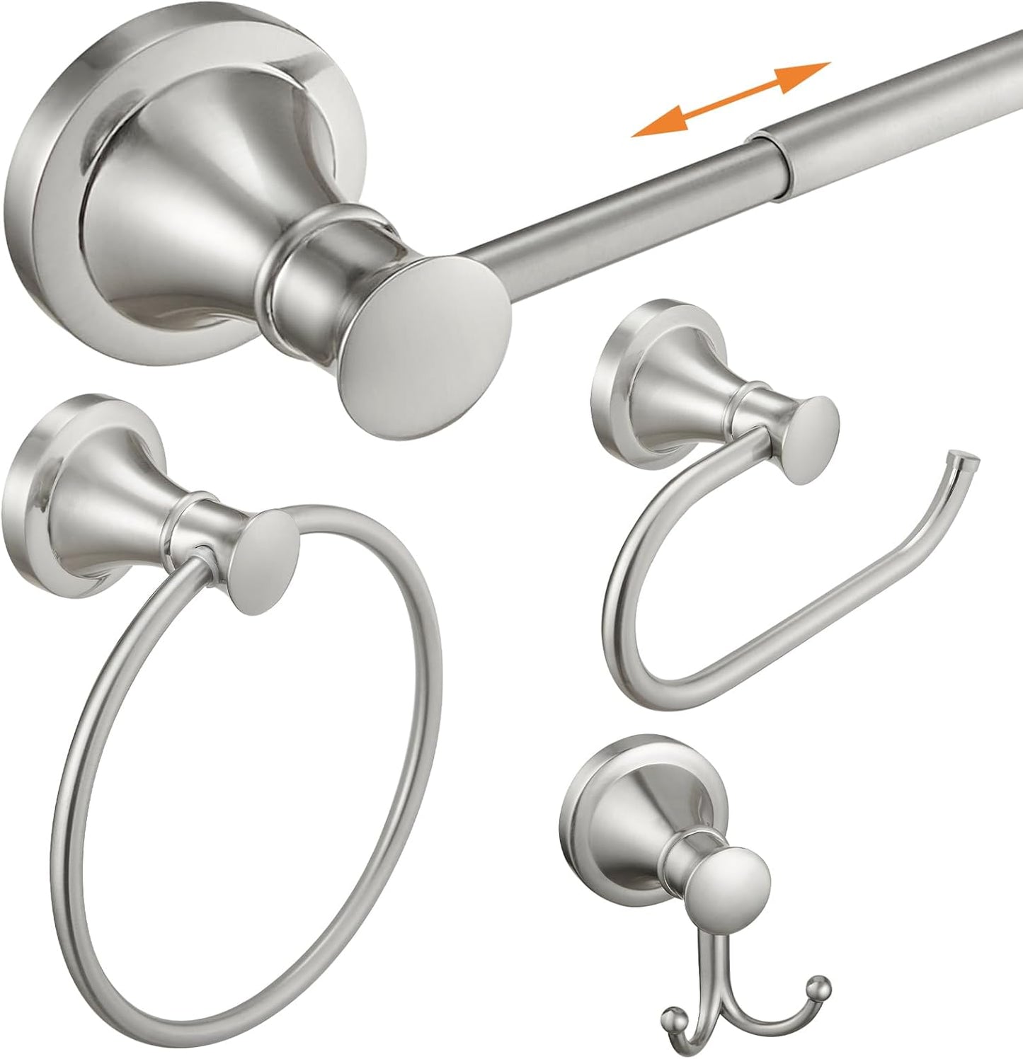 Hoimpro Brushed Nickel 4-Piece Bathroom Bath Set, Wall Mount Bathroom Hardware Fixture (Adjustable Towel Bar Rack, Towel Ring Holder, Paper Towel Holder, Double Towel Hook), Bathroom Accessories