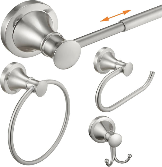 Hoimpro Brushed Nickel 4-Piece Bathroom Bath Set, Wall Mount Bathroom Hardware Fixture (Adjustable Towel Bar Rack, Towel Ring Holder, Paper Towel Holder, Double Towel Hook), Bathroom Accessories