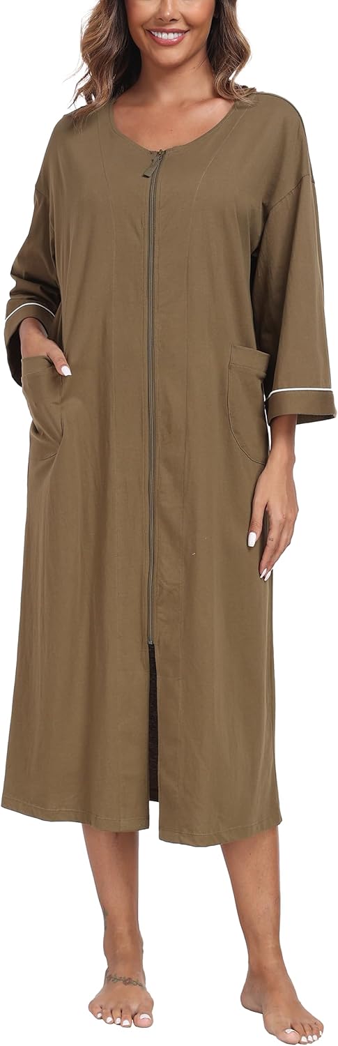 ANLIQI Women's 100% Cotton Robes Long Zipper Front House coats 3/4 Sleeve Bathrobes Lightweight Full Length Robe with Pockets