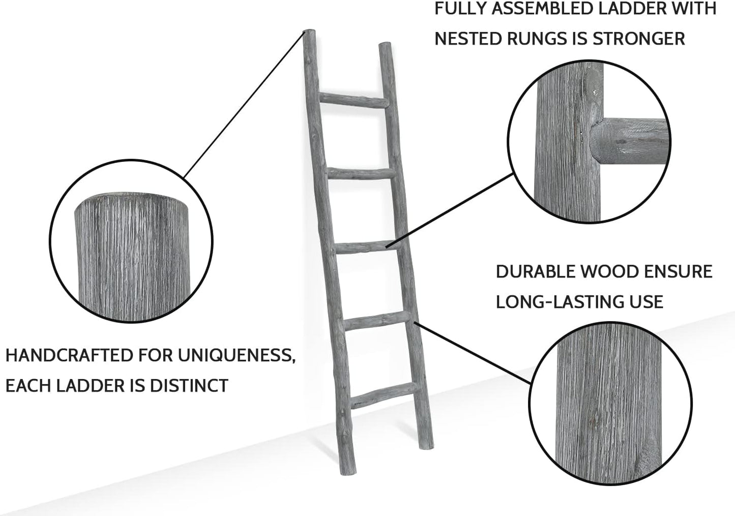 FUIN Fully Assembled 57in Wood Blanket Ladder Living Room Decorative Wall Leaning Farmhouse Quilt Display Holder Rustic Wooden Towel Rack for Bathroom, Light Gray & Whitewashed