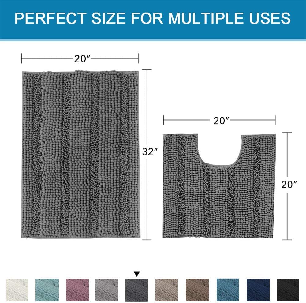 H.VERSAILTEX Bathroom Rugs Bath Rug Set 2 Piece Bathroom Contour Rug Toilet Mat Sets Non Slip Contour Bath Rug Ultra Thick Water Absorbent Striped Bath Mats Washable(20" x 32" Plus 20" x 20" U, Grey)