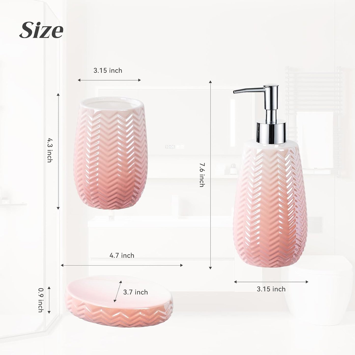 Pink Bathroom Accessories Set, 3 Pcs Ceramic Bathroom Decor Contain Toothbrush Holder,Soap Dispenser, and Soap Dish.