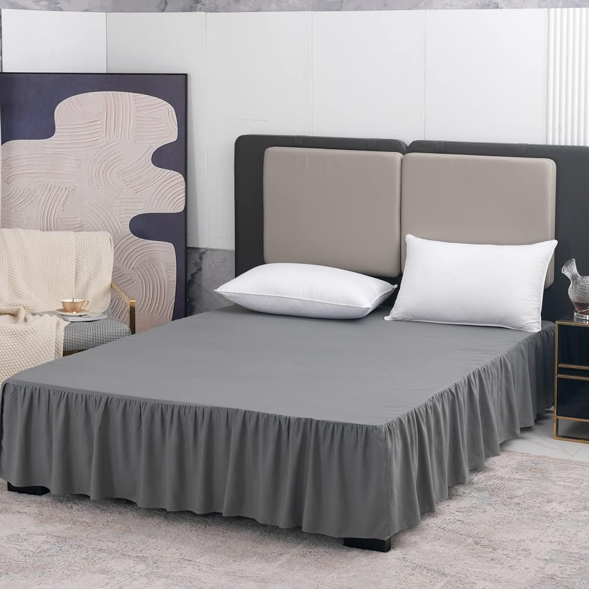 Grey Bed Skirt Queen Size Ruffled Bed Skirt with Split Corners, Queen Bed Skirt 14 Inch Drop, TSUTOMI Queen Size Bed Skirt Grey for Ruffled Bed Skirt with Split Corners, Bed Skirt Queen Size