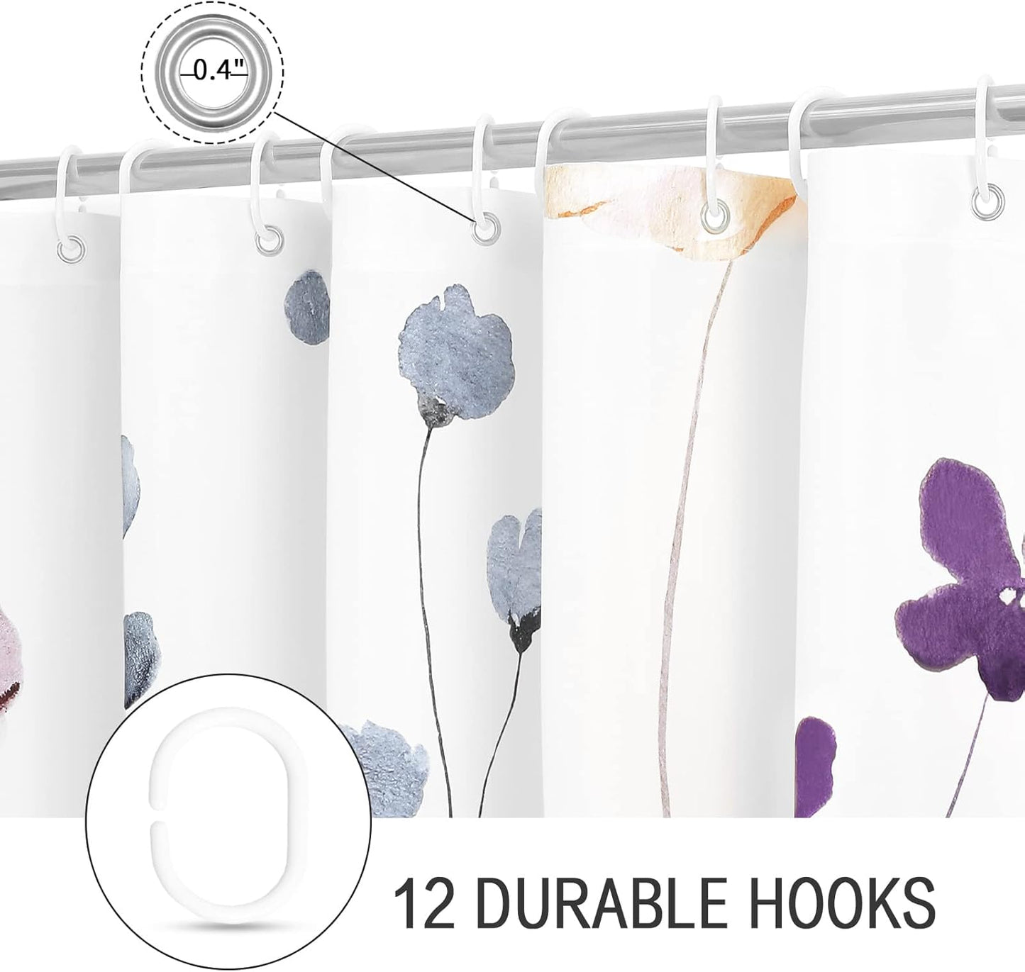 Gibelle Long Shower Curtain 72 x 78, Watercolor Floral Fabric Shower Curtain, Purple Beige Flower Decorative Bathroom Shower Curtain Set with Hooks