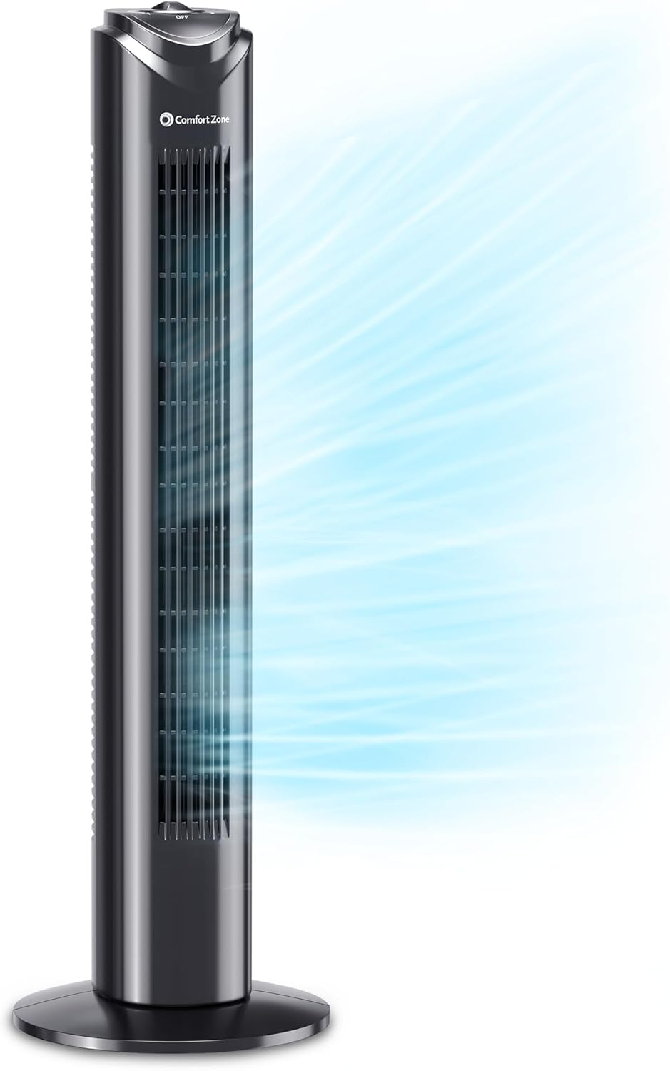Comfort Zone Tower Fan for Bedroom, 32 inch, 3 Speeds, 90 Oscillation, Bladeless Indoor Fan, Built in Carry Handle, Portable Stand Fan, Black