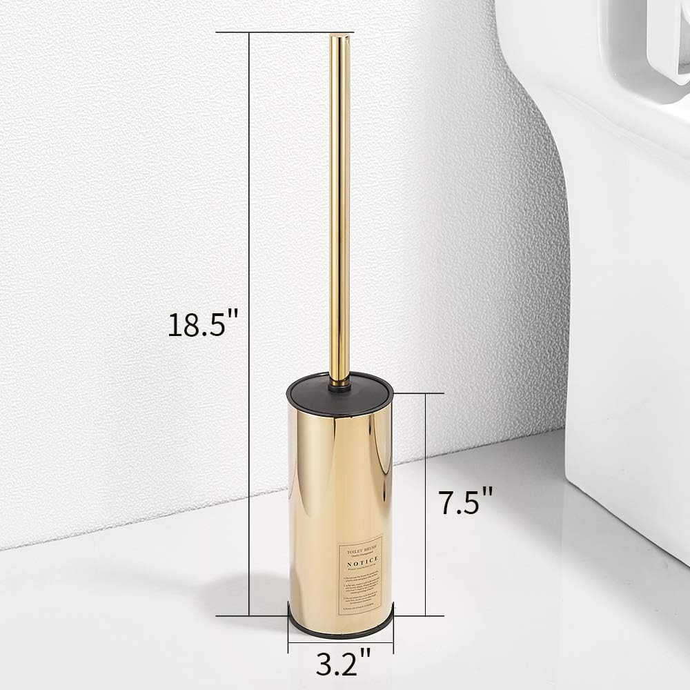 Freestanding Toilet Brush Holder for bathrooms 304 Stainless Steel Toilet Brush Stand Round Storage and Organization Rust Resistant 18-inch high Polished Gold Finished