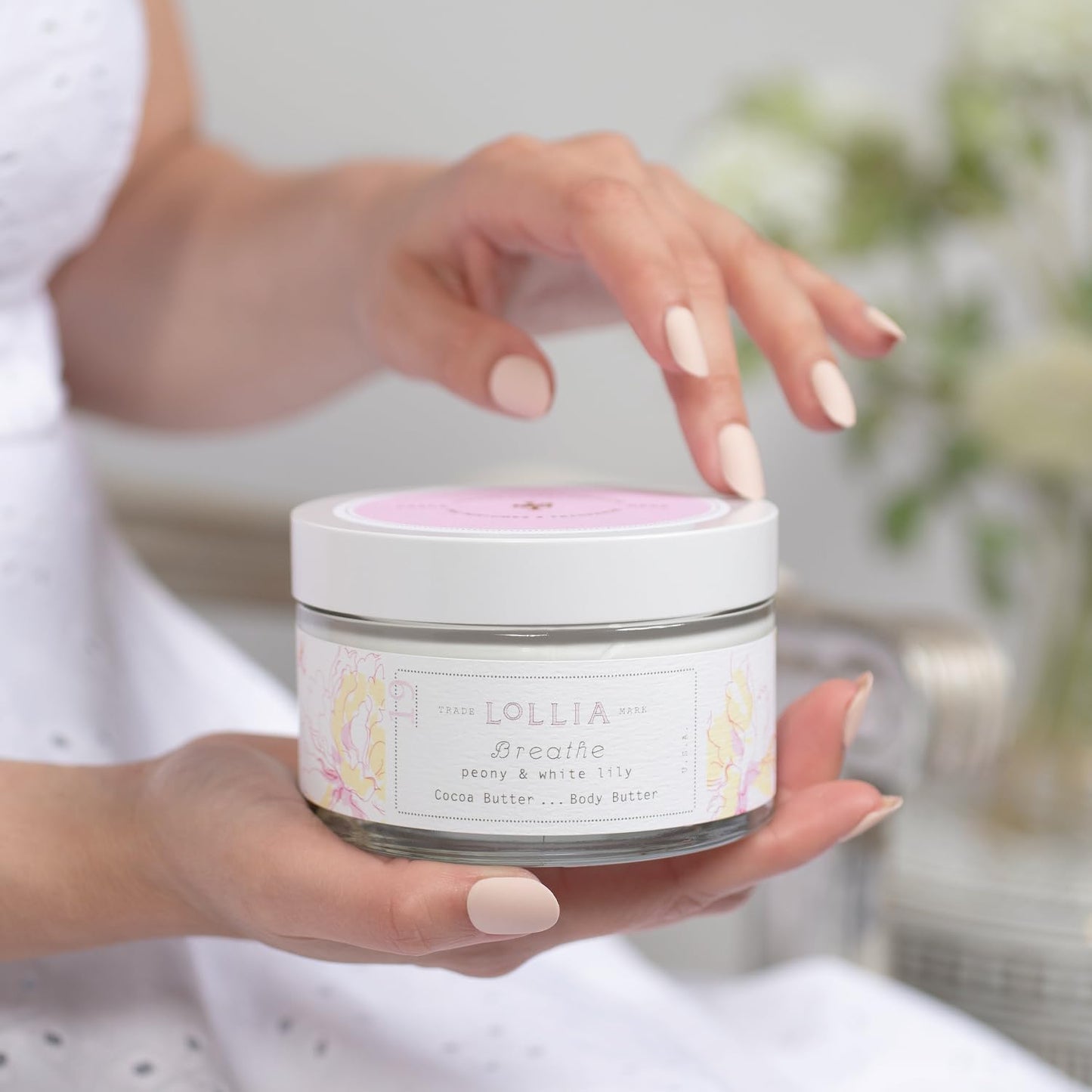 LOLLIA Breathe Body Butter, 5.5 oz. - Peony & White Lily Fragrance - Shea Butter & Cocoa Butter, Body Lotion for Women, Hydrating & Smooth Body Moisturizer