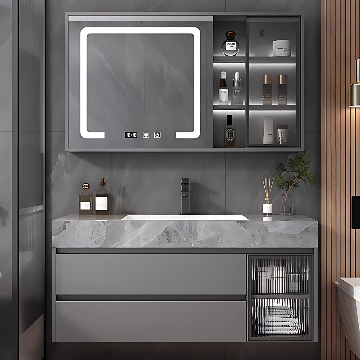 White 44IN Modern Bathroom Vanity - Wall-Mounted Bathroom Storage Cabinet & Bathroom Vanity with Sink, Bathroom Medicine Cabinet Wall Mounted, Defogging & Led Lighting | Bathroom Cabinet Slim