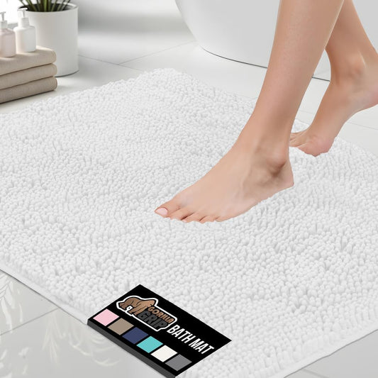 GORILLA GRIP Bath Rug Mat, Thick Soft Absorbent Chenille, Quick Dry Microfiber Mats, Rubber Backing Washable Shower Floor Rugs, Bathmat Runner, US Designed Bathroom Home Decor Accessories 24x17, White