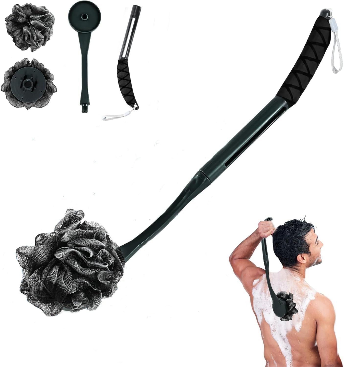 Loofah with Handle, 20.5'' Replaceable Shower Loofah to Improve Skin Health, Body Scrubber, for Women and Men with String for Easy Hanging（Dark Black）
