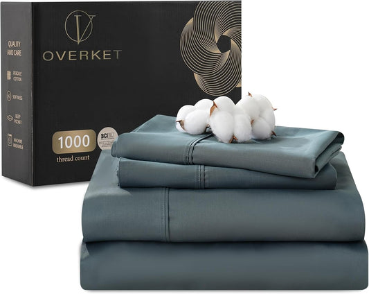 Egyptian Cotton Sheets Full Size 1000 Thread Count Sateen Weave Soft Breathable 16-Inch Deep Pocket 4PCS（Full,Lake Blue）