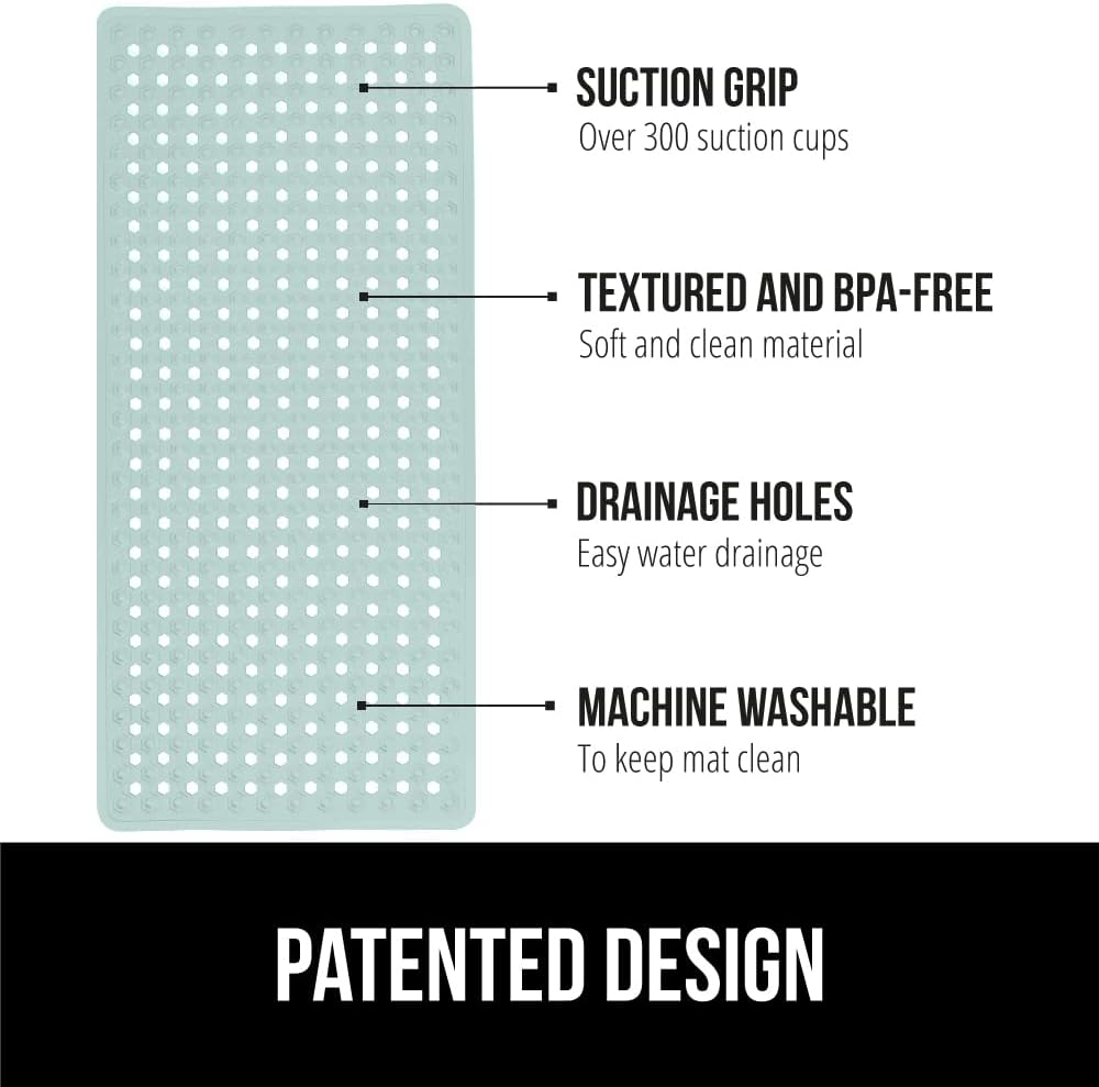 GORILLA GRIP Patented Bath Tub Shower Mat, Machine Washable Bathtub Floor Liner Mats, Suction Cups and Drain Holes to Keep Tubs Clean, Soft on Feet, Bathroom Essentials, 35x16 Inch, Mint Opaque
