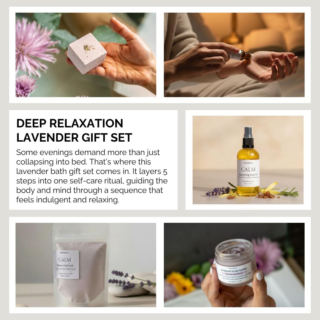 Lavender Relaxation Gifts for Women | Home Spa Kit with 5 Self Care Products for Deep Relaxation with Aromatherapy Candle, Bath Bomb, Soak, Body Butter & Roller. Lavender Gifts for Women Self Care.