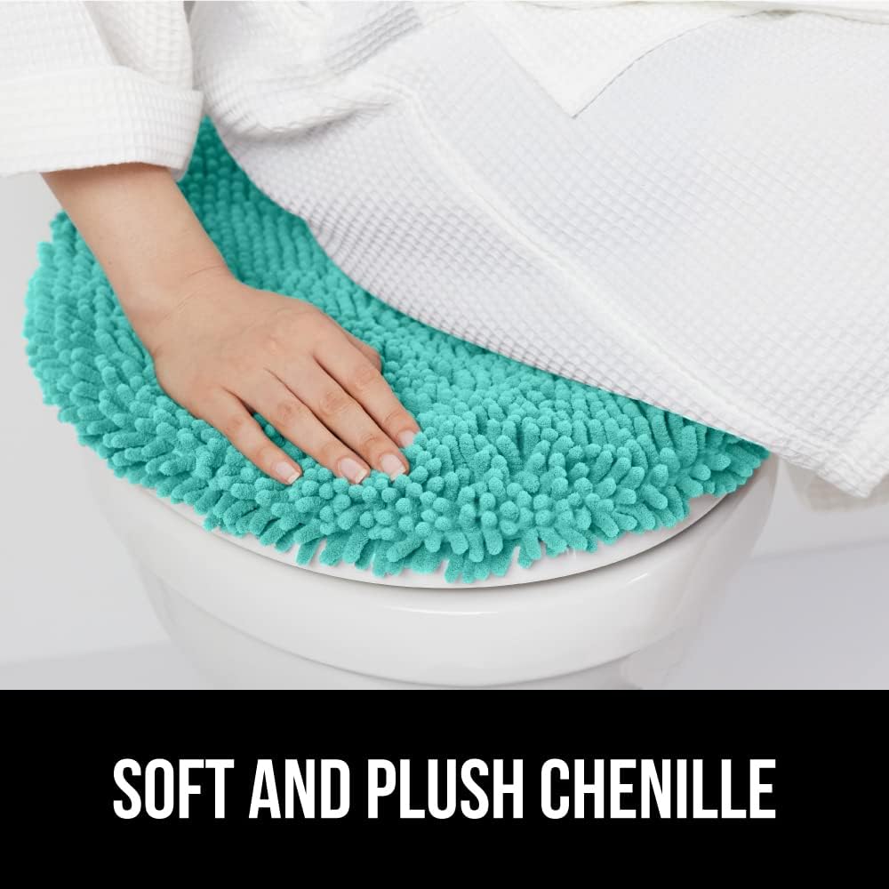 GORILLA GRIP Soft Chenille Bathroom Toilet Lid Cover, Machine Washable Seat Covers, 19.5x18.5, Stays in Place Rubber Backing, Fits Most Round, Elongated and Oblong Lids, Accessories Decor, Turquoise