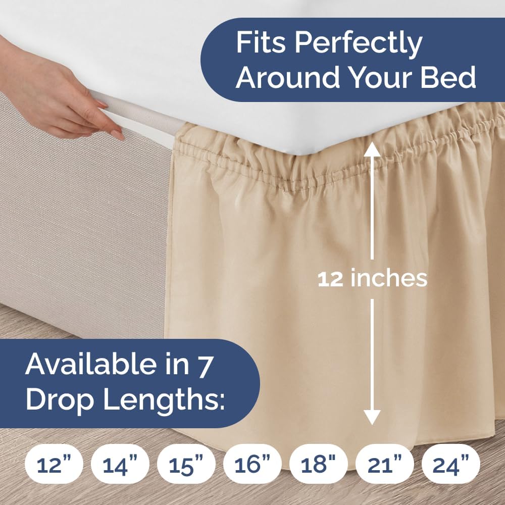 Wrap Around Dust Ruffle Bed Skirt - Cream - for King Size Beds with 12 Inch Drop - Easy Fit Elastic Strap - Adjustable Pleated Bedskirt w/Brushed Fabric - Wrinkle Free - for Women, Men, Kids & Teens