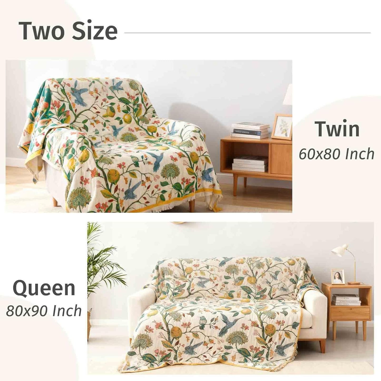 Qidordour Boho Throw Blanket, 60"x80" Muslin Blankets, 100% Organic Cotton Blanket for Couch Sofa, Lightweight Quilt, All Season Bed Throw, Farmhouse Home Decor, B-Hummingbird Fruit