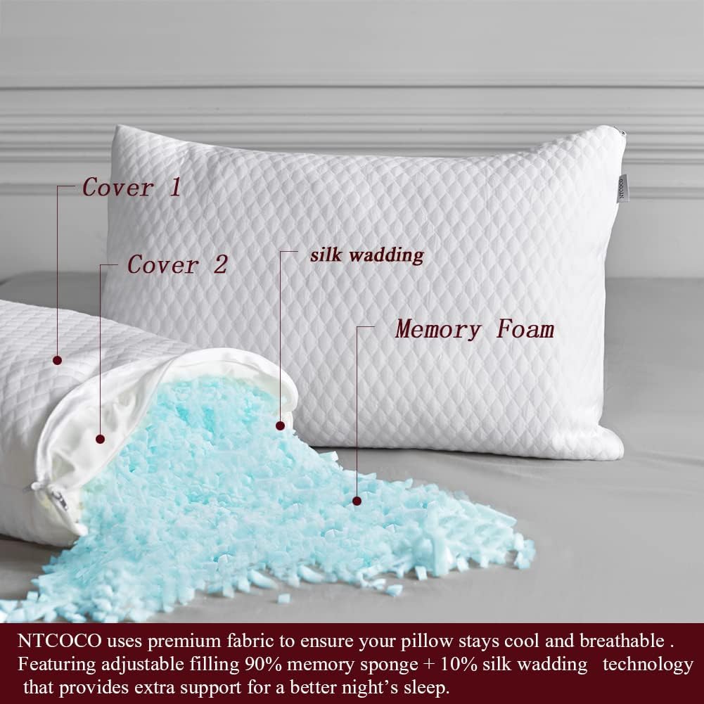 NTCOCO 2 Pillows, Shredded Memory Foam Bed Pillows for Sleeping, with Washable Removable Cooling Hypoallergenic Sleep Pillow for Back and Side Sleeper King (2-Pack)