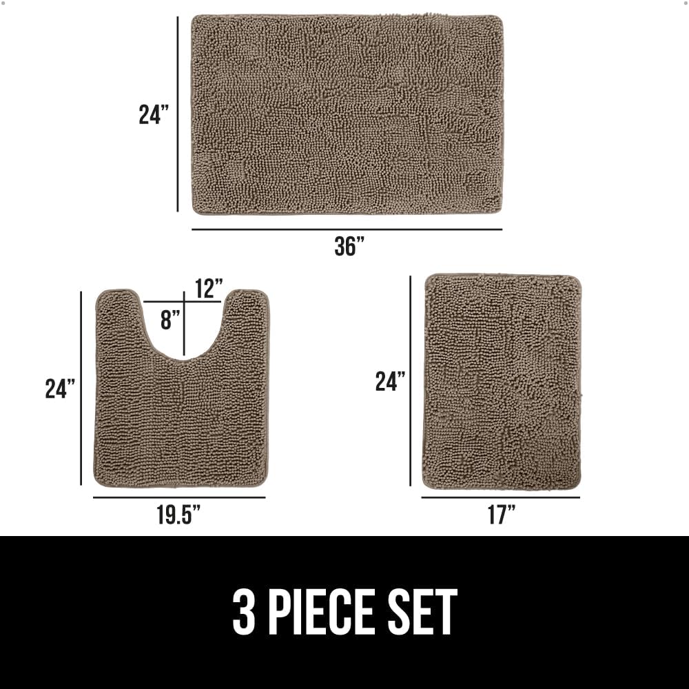 GORILLA GRIP Bathroom Rug Sets 3 Piece, Bath Mat Set and Oval Toilet Base with Rubber Backing, Plush Absorbent Shaggy Chenille Washable Mats, Includes 24x19.5, 24x17 and 36x24 Inch Rugs, Gray Beige