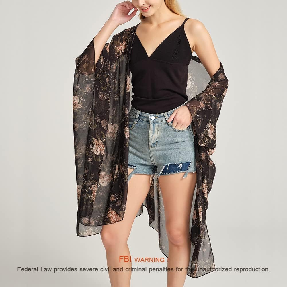 Women's Bohemian Floral Chiffon Beach Cover up Swimsuit Kimono Summer Swimwear Cardigans
