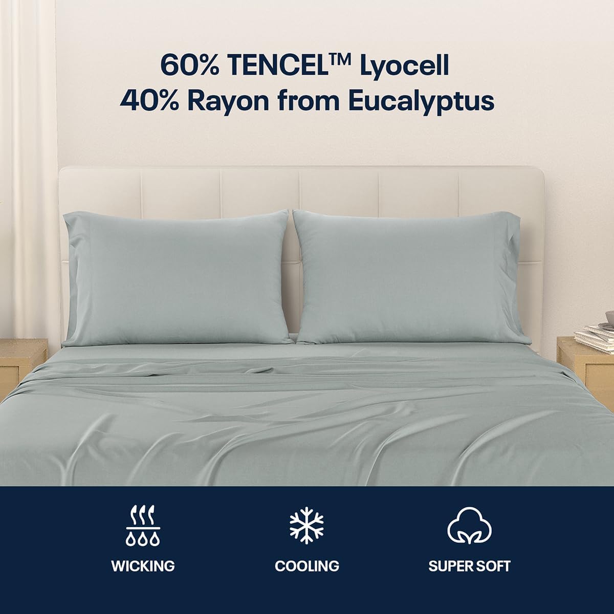 Reebok Twin Size Sheet Set from Tencel Eucalyptus - Soft, Cooling & Breathable for Hot Sleepers, Deep Pocket Up to 17 Inches, 4Pc Hotel Luxury Bedding Set, Bedsheet & Pillowcases (Lunar Rock, Twin)