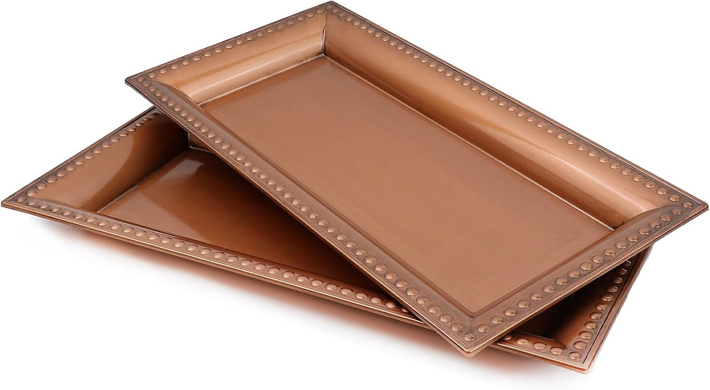 2 Pack Bronze Bathroom Vanity Tray for Countertop with Beads, Small Plastic Toilet Tank Versatile Storage Organization Tray for Makeup, Perfume, Desk, Kitchen, Candles, 14"x7"x1", 36GT