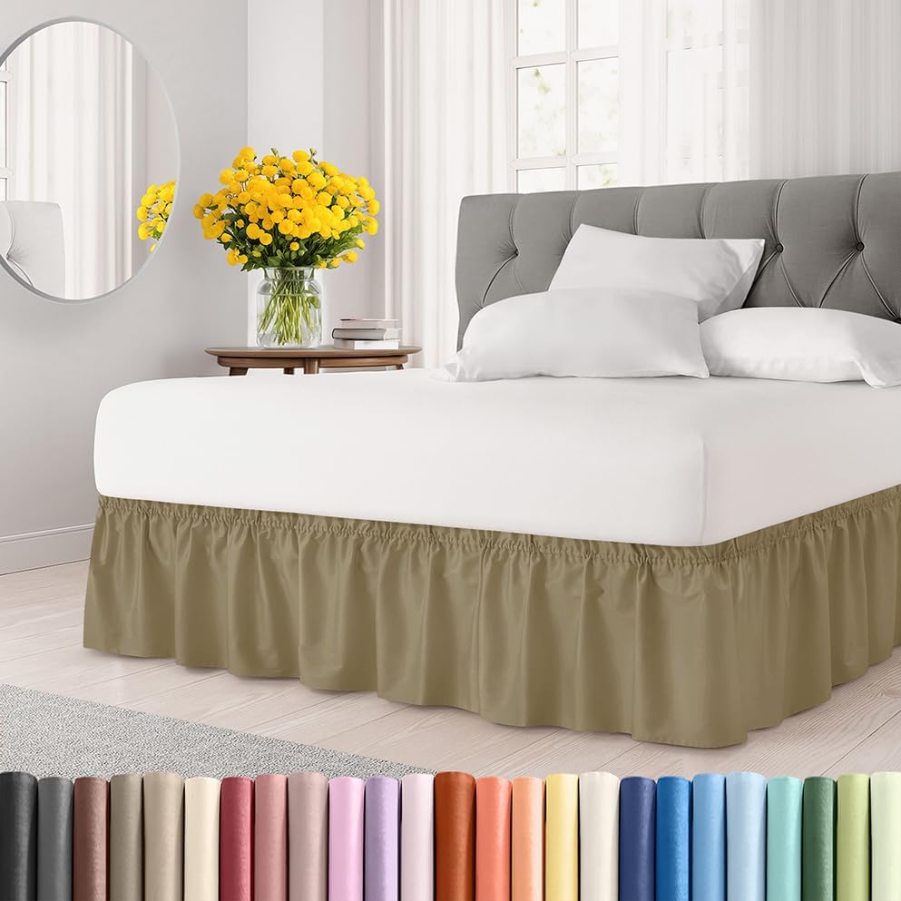 Wrap Around Dust Ruffle Bed Skirt - Khaki - for Full Size Beds w/ 15 Inch Drop - Easy Fit Elastic Strap - Adjustable Pleated Bedskirt w/Brushed Fabric - Wrinkle Free - for Women, Men, Kids & Teens