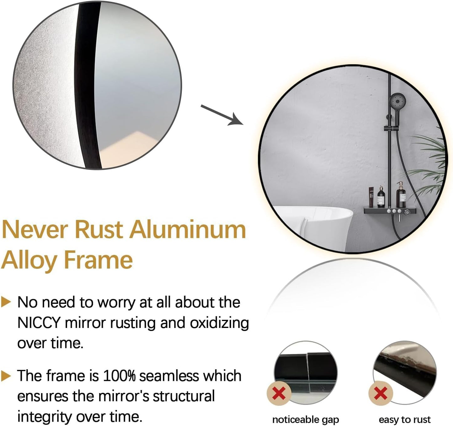 Niccy 44" LED Backlit Round Mirror for Bathroom, Black Framed Vanity Light Wall Mirror LED Smart Circle Mirrors with 3 Lighting Colors, Dimmable Lighted Mirror with Anti-Fog, IP65 Waterproof