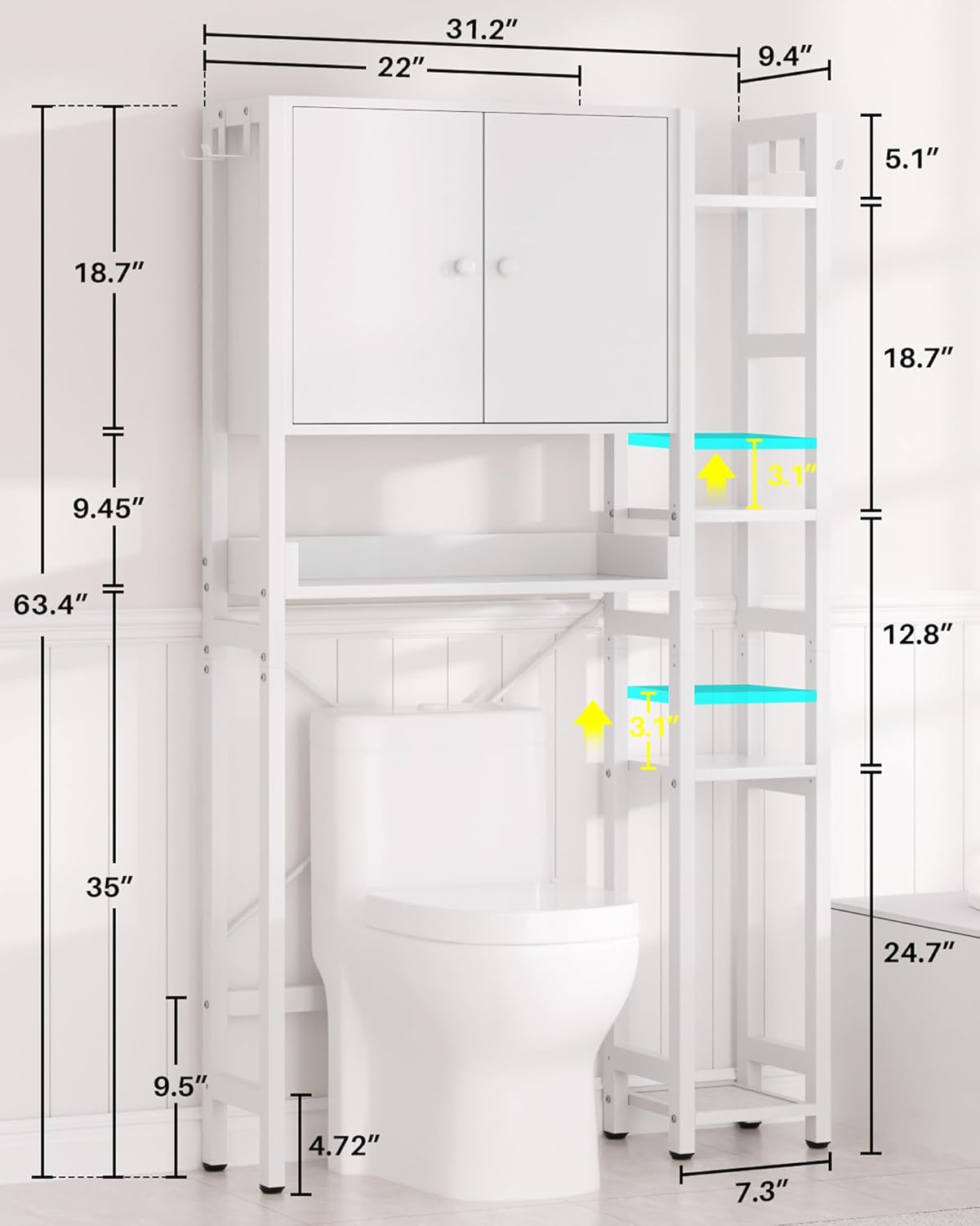 Over The Toilet Storage Cabinet with Doors - 7 Tier Bathroom Organizer with Adjustable Shelf, Freestanding Space Saver Rack Above Toilet Stand with 4 Hooks for Bathroom, Restroom, Laundry, White
