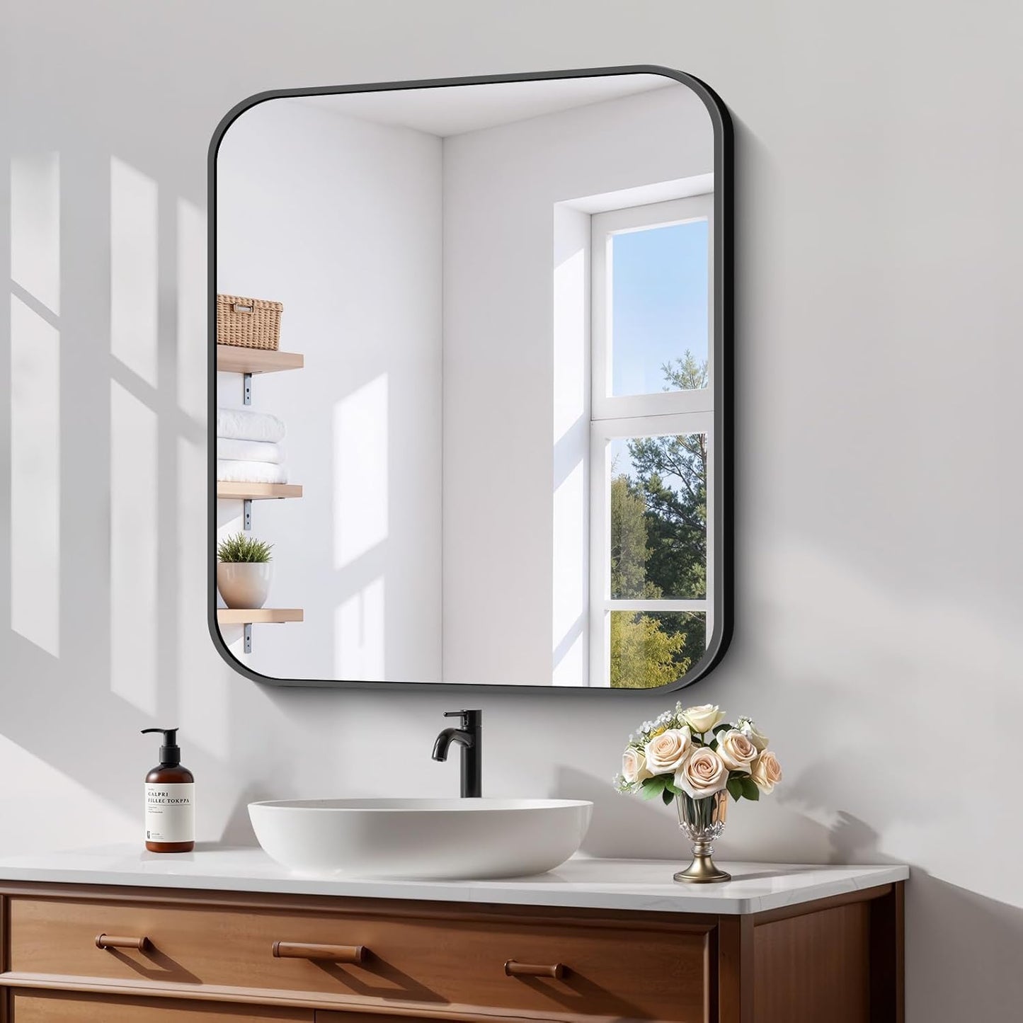 Koonmi Black Framed Bathroom Mirror - 30x22 Inch Shatterproof Tempered Glass Vanity Mirror for Bathroom Sink, Wall Mounted with Matte Aluminum Alloy Frame, No Distortion, Modern Decor