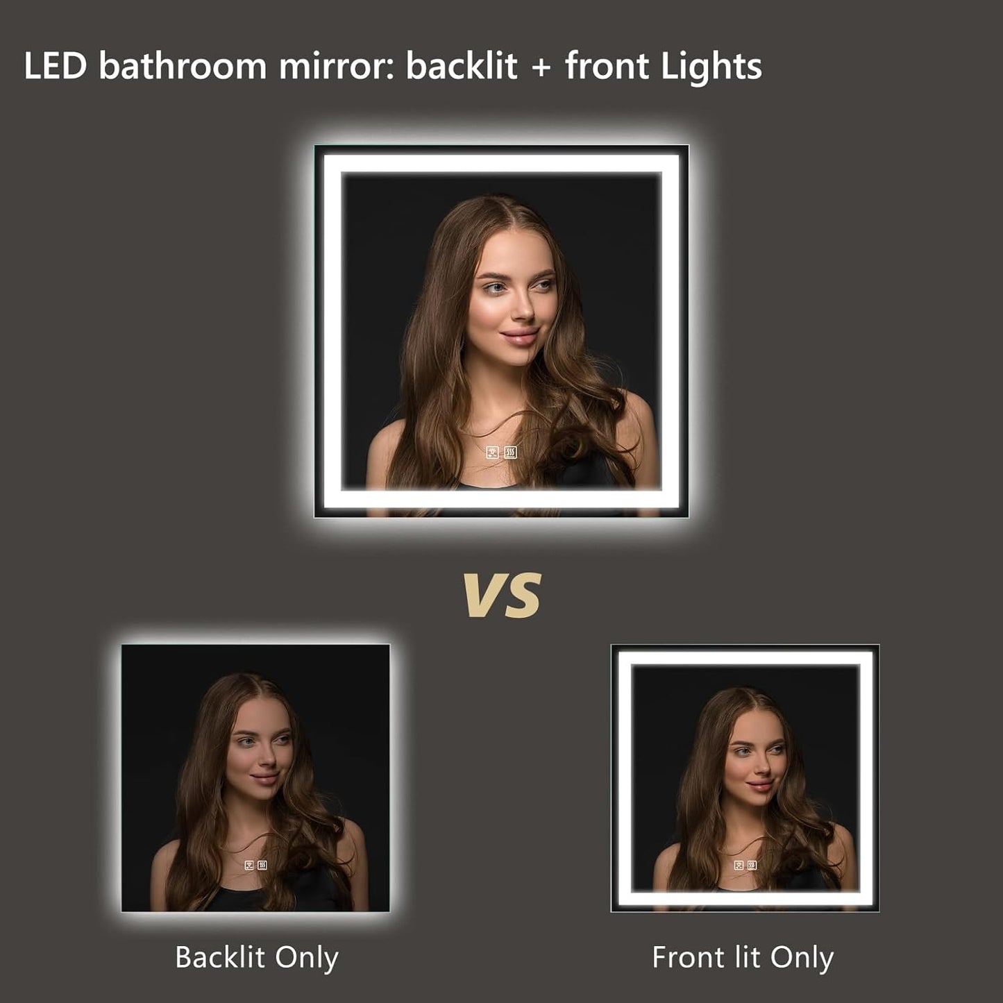 APRILSOUL 36x36 Inch LED Bathroom Mirror with Front and Backlit, Makeup Mirror with 3 Color Lights, Memory Function, Anti-Fog and Dimmable Light (Horizontal)