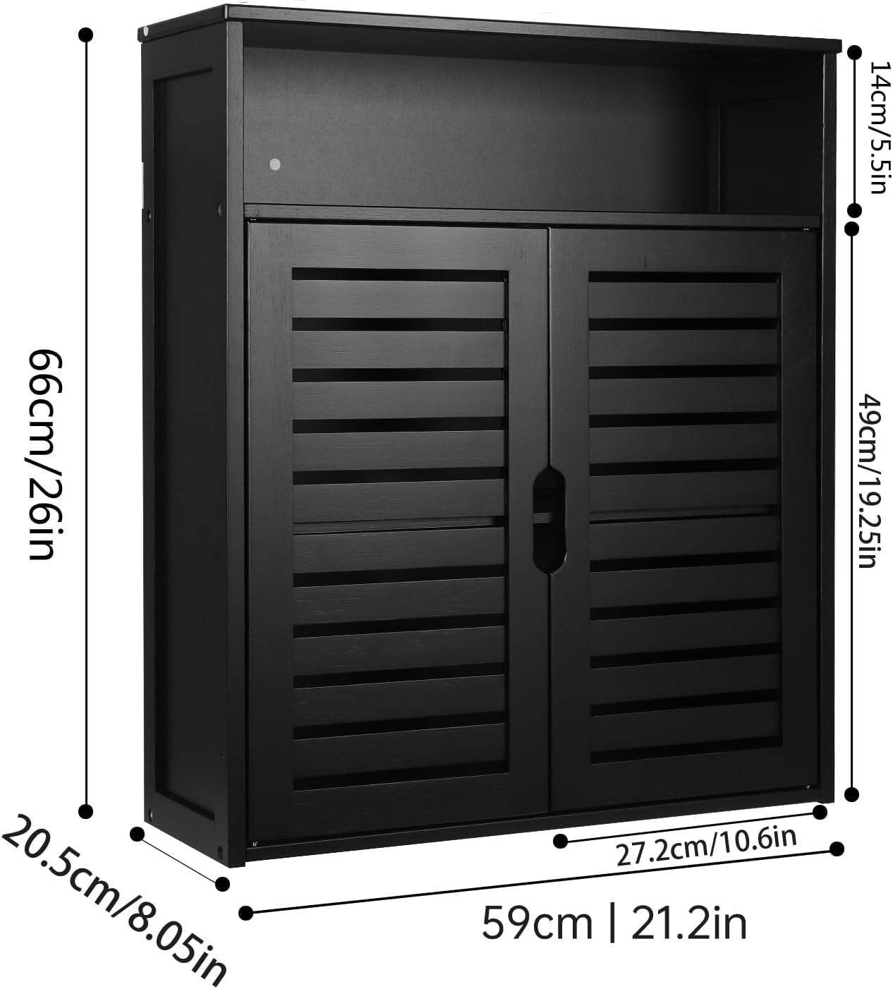 HYNAWIN Wall-Mounted Black Bathroom Cabinet with Double Doors, Bamboo Storage Shelf Organizer for Kitchen, Living Room, or Bathroom